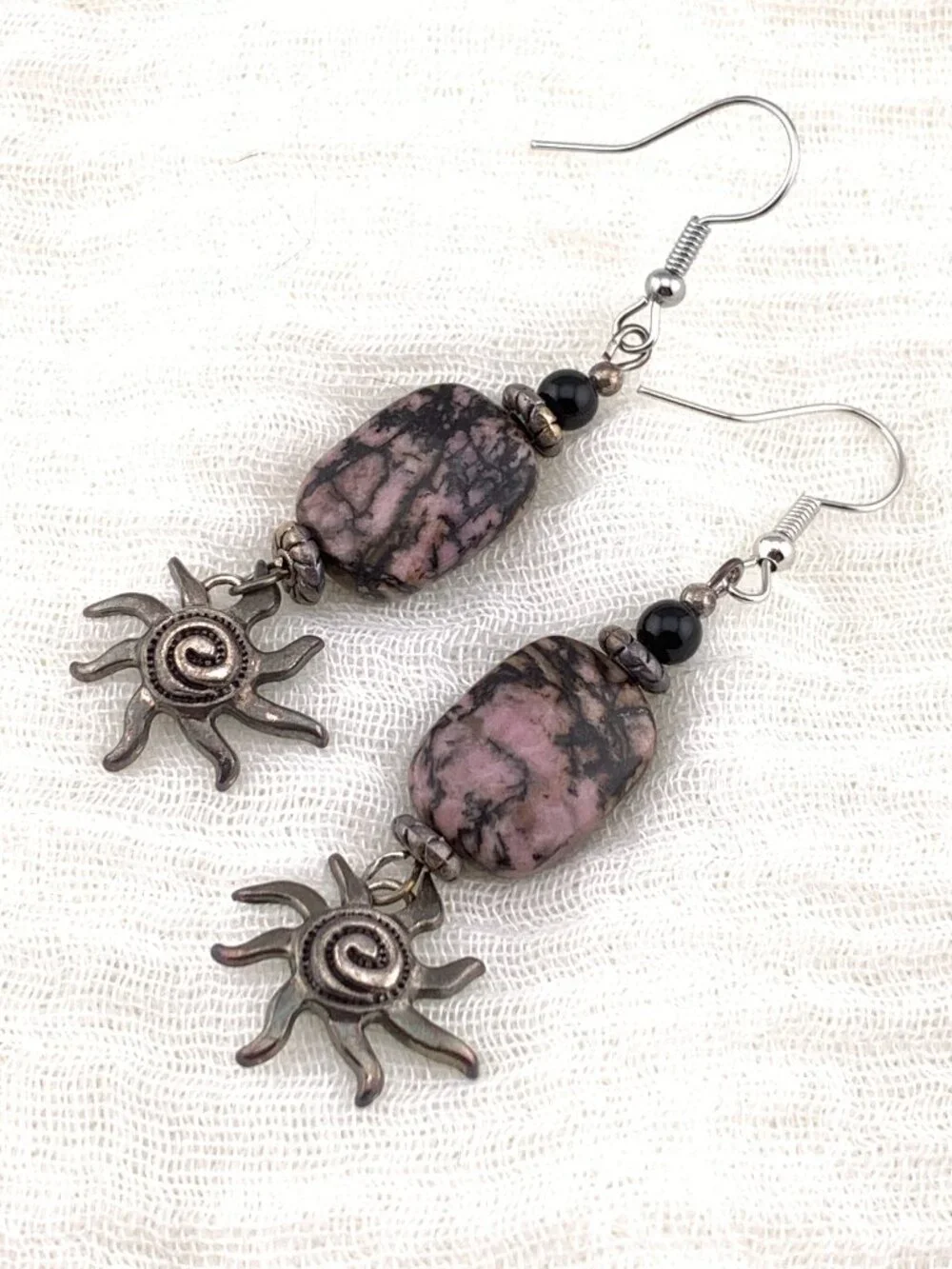 Pink & Black Rhodonite Stone Sun Charm Handmade Handcrafted Earrings LR164